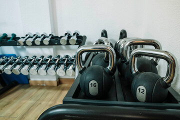 A row of dumbbells and a kettlebell are on a rack. The dumbbells are in various sizes and the kettlebell is black