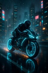 Neon Cyber Bike Racing on Wet Night Freeway with Sparks and Rain in Futuristic Sci Fi City
