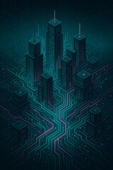 Cyberpunk Circuit Board City with Skyscrapers as Microchips and Glowing Data Stream Streets in Isometric Futuristic Style