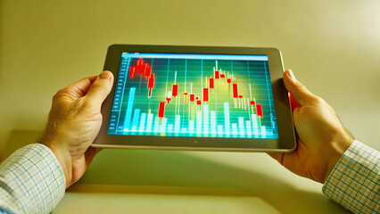 Close-up of hands interacting with a digital tablet displaying financial graphs and data visualizations, set against a vibrant, blurred cityscape at night. The screen illuminates the hands, while warm
