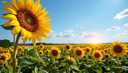 Fototapeta premium sunflower field stretching to horizon, blue sky above, joyful summer energy