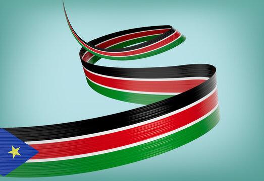 Flag Of South Sudan Shiny Waving South Sudan Ribbon Flag On Pastel Blue Background 3d Illustration - Powered by Adobe