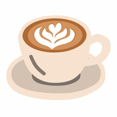 Cappuccino in white cup and saucer with heart-shaped latte art. Ideal for barista menus or coffee tutorial design.