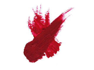 A Glossy Vibrant Smear Of Creamy Red Lipstick With Smudge Texture, Closeup Photo On White Background