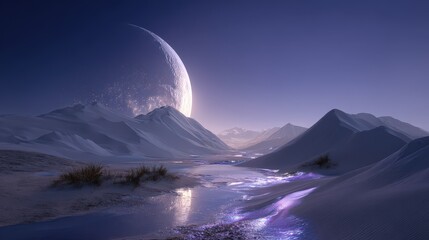 Pixel Art Night Landscape with Glowing Crescent Moon over Snowy Mountains and River