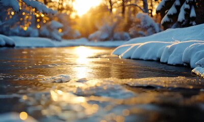 A cold winter sunset illuminates a snowy forest landscape with a frozen creek and distant mountains - Powered by Adobe