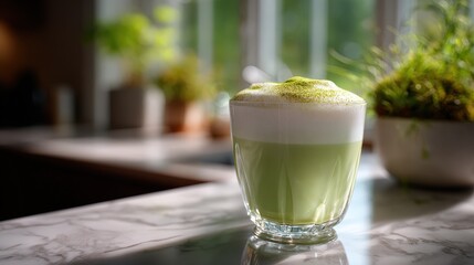 Green Matcha Latte with Creamy Foam in Glass Cup