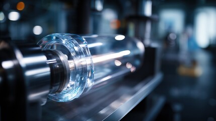 Close-up View of a Cylindrical Glass Tube with Blue Liquid Inside Industrial Machine