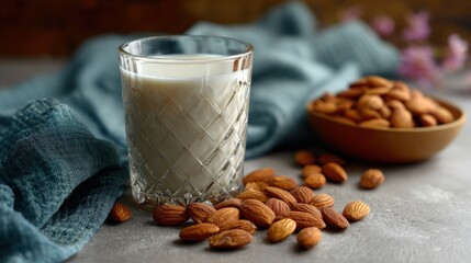 Glass of Almond Milk with Almonds on Gray Table