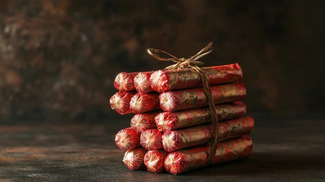 Packaged round red firecrackers bundled together with rope on rustic background