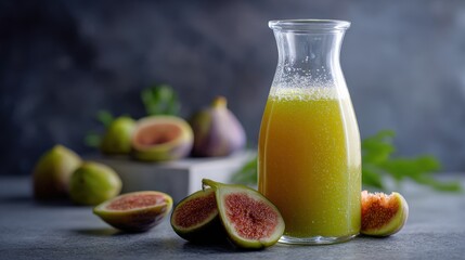 Green Fig Juice in Glass Bottle with Fresh Figs