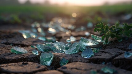 Scattered Green Glass Fragments on Dry Cracked Earth at Sunset