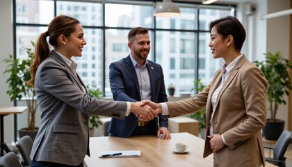 business partners shaking hands after deal, modern office, success celebration