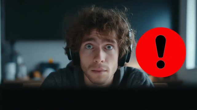 Young man with curly hair focusing on computer screen indoors