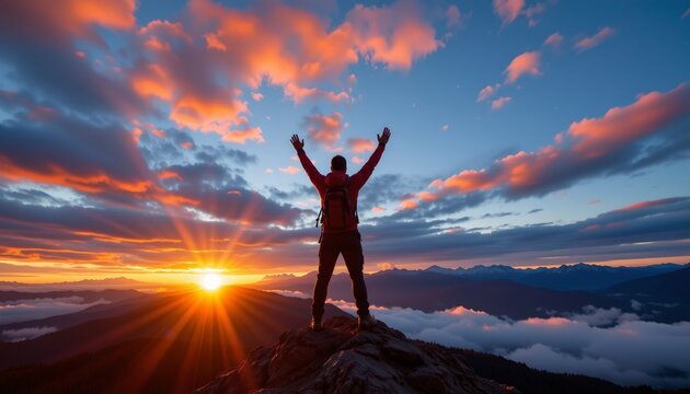hiker summiting peak at dawn, arms raised, victorious sunrise