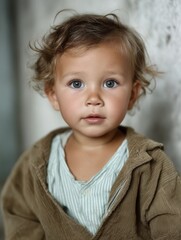 Fototapeta premium Close-up portrait of a young curious child with big blue eyes and tousled hair, wearing a casual hoodie and striped shirt