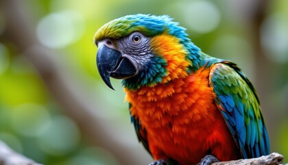 Obraz premium colorful parrot perched on branch, tropical feathers, vibrant close up