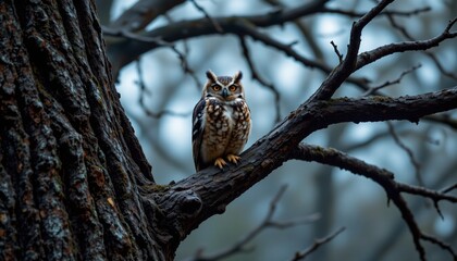 owl perched on ancient tree, wise eyes, nocturnal mystery