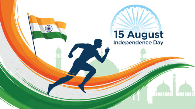 silhouette of runner with indian flag and “15 august independence day” message over iconic landmark backdrop, symbolizing unity and pride