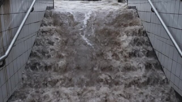 inondation, eaux d&eacute;valant les escaliers d'un m&eacute;tro