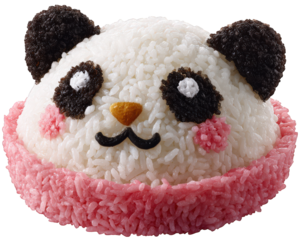 Cute panda shaped rice ball bento with seaweed details, pink rice base, and playful expression, perfect for lunchbox or Japanese cuisine, isolated on transparency background