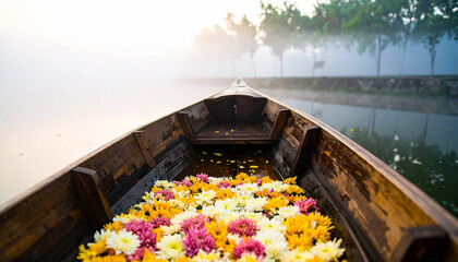 Cinematic shot of a wooden boat filled with scattered pastel flowers floating on misty water at sunrise
