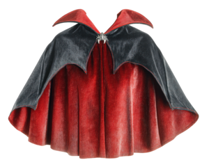 Red velvet vampire cape black collar dramatic gothic style Halloween costume accessory shiny fabric elegant fantasy theatrical spooky mysterious