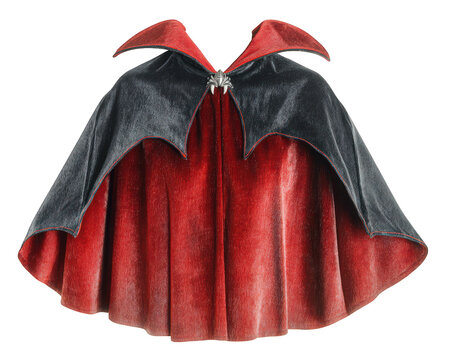 Red velvet vampire cape black collar dramatic gothic style Halloween costume accessory shiny fabric elegant fantasy theatrical spooky mysterious