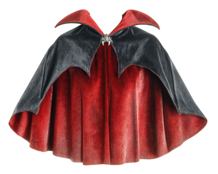 Red velvet vampire cape black collar dramatic gothic style Halloween costume accessory shiny fabric elegant fantasy theatrical spooky mysterious