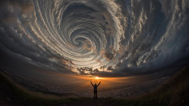 A lone figure stands before a swirling vortex of fire, seemingly consuming the sky