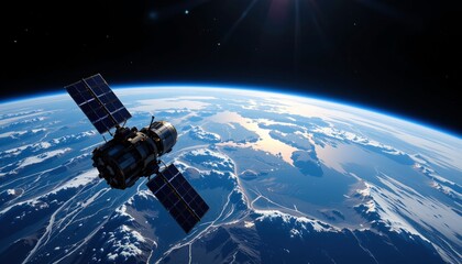 satellite orbiting earth, communication beams, space tech