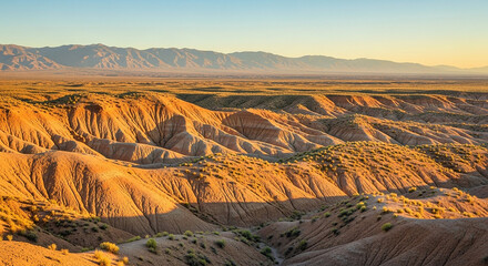 A captivating desert landscape showcasing sculpted hills and valleys bathed in warm golden sunlight. The terrain features dramatic erosion patterns with deep crevices and ridges, complemented by spars