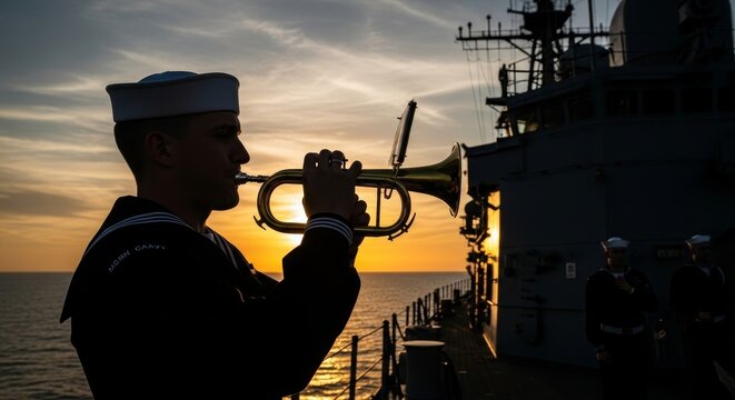 Sunset Ceremony: Sailor's Bugle Call - A silhouette of a sailor in dress uniform plays a bugle during a sunset ceremony aboard a naval vessel.