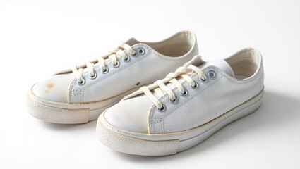 A pair of slightly worn white sneakers with dusty soles and faint creases on the fabric