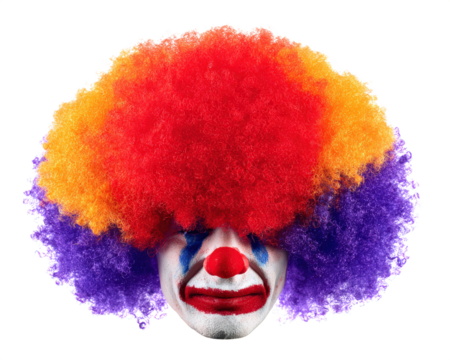 Colorful clown wig sad face red nose white makeup blue tear isolated curly hair vibrant party costume emotional expression