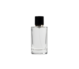 Luxury blank perfume bottle with minimalist transparent glass and shiny cap — perfect for fragrance, beauty branding, and elegant product mockups. Isolated on transparent background.

