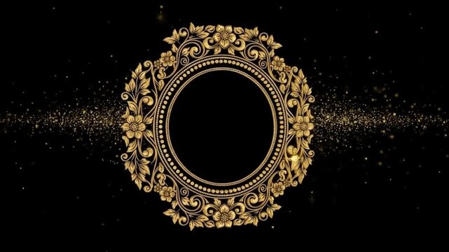 Ornate golden oval frame with swirling golden particles and sparkling light effects on a black background perfect for luxury intros award 4K Ai HD video.

