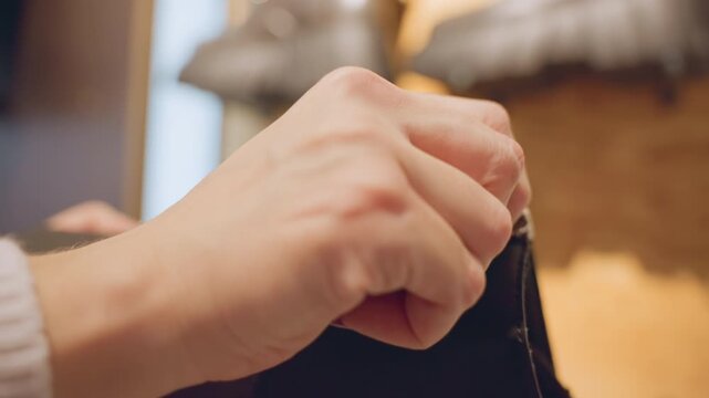 Closeup of hands with lilac manicure testing zipper on black leather chukka boot, sliding puller up and down verifying smooth glide, assessing build quality for purchase decision under warm lighting