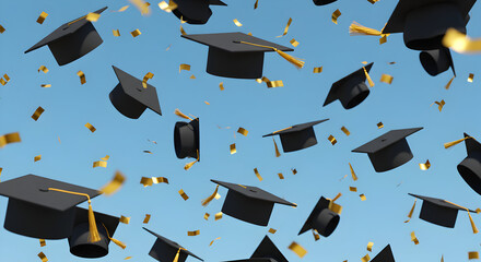 Celebrate your academic achievements with this joyful image of graduation caps and confetti flying high in the sky, symbolizing success and bright futures ahead for all graduates.