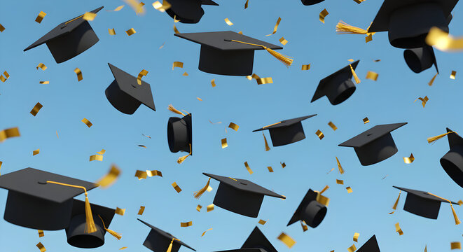 Celebrate your academic achievements with this joyful image of graduation caps and confetti flying high in the sky, symbolizing success and bright futures ahead for all graduates.