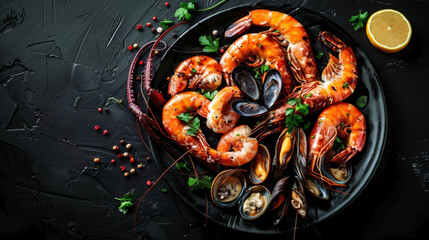 Isolated Argentinian mariscos on black background, grilled squid, shrimp, and mussels in focus