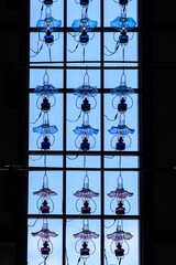 Blue and Pink Glass Lamps in a Window Display, Otaru Station, Hokkaido, Japan