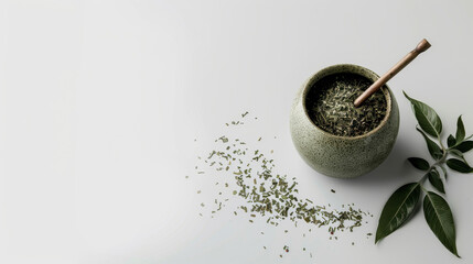 Isolated mate cup on white background, yerba mate leaves and bombilla in minimalist style