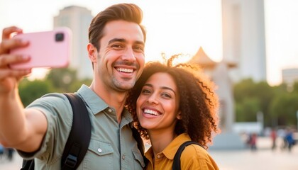 Young couple taking a selfie while smiling in a city park  