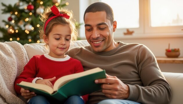 Father reading a book to daughter while sitting on sofa at home  