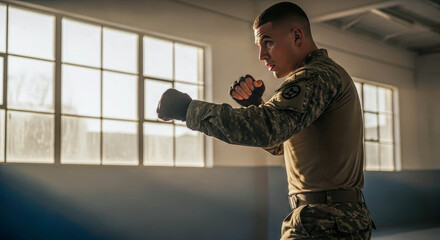 Young man soldier in camouflage uniform boxing, practicing martial arts in gym. Military workout concept. Dedicated service member training.