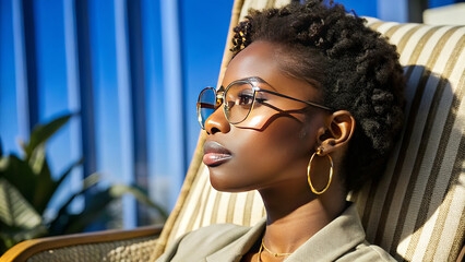 A focused young Black woman in stylish glasses sits thoughtfully, looking up, against a large monitor displaying vivid financial charts and stock market data. The scene suggests a modern office enviro