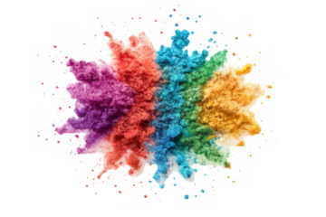 Colorful powder bursting into vibrant spectrum, dispersing dynamic pigments against transparent backdrop with explosive chromatic energy