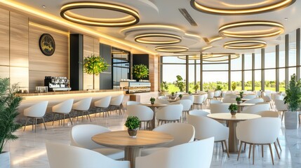 Fototapeta premium Spacious cafe interior with large windows overlooking a landscape.