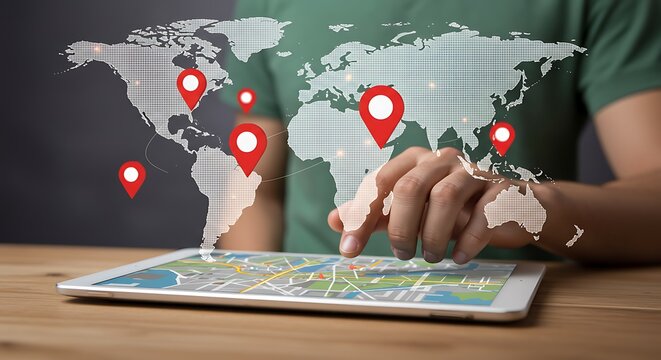 Global map with red location pins and tablet navigation